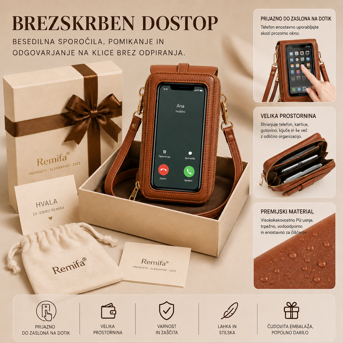 🔥 Zadnje 3 Ure: 50 % POPUST Na Remifa® 2026 Modno Minimalistično Elegantno Žensko Torbico Za Telefon Z Zaslonom Na Dotik